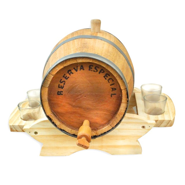Barril Tonel Carvalho Nacional 3 Litros Cachaça Pinga Whisky Vinho Gim Suporte 4 Copinho de Dose
